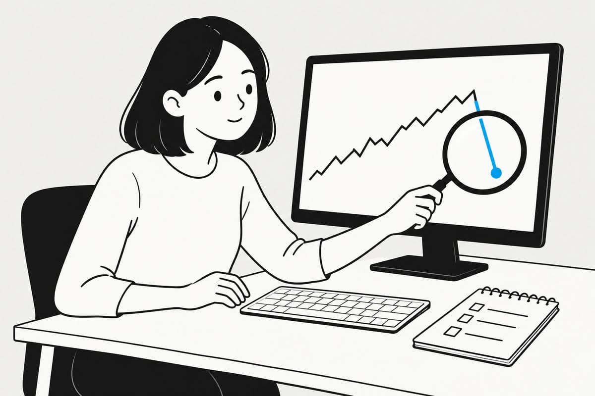 노트북 앞에서 방문자 그래프 두 개를 비교하며 돋보기로 떨어진 구간을 살펴보는 사람