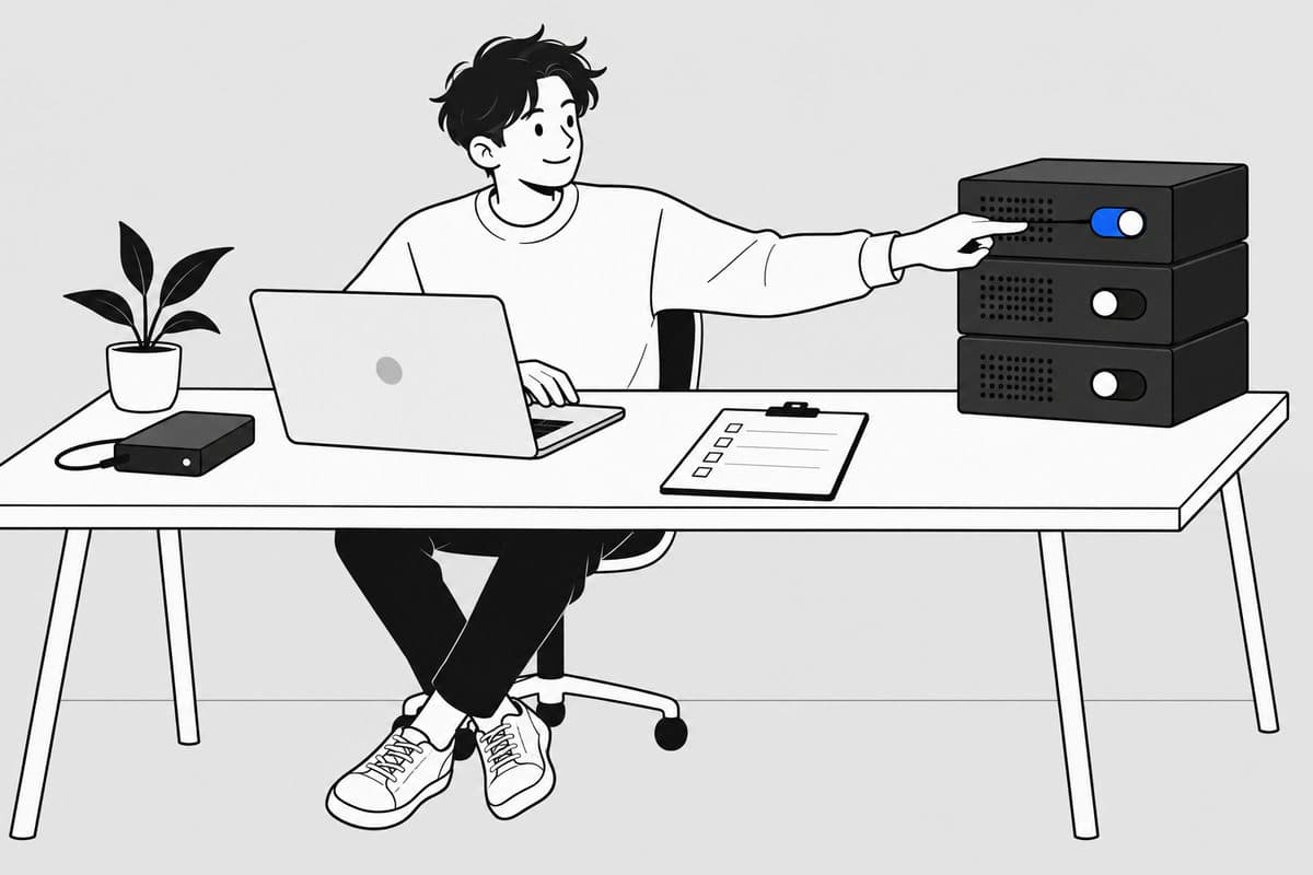 노트북 앞에서 백업을 준비하고 서버의 PHP 버전을 새 버전으로 바꾸는 사람